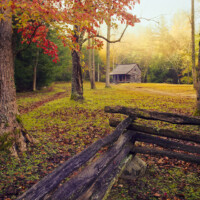 When walking into this scene in the Great Smoky Mountains NP during a recent Autumn, I had an overwhelming feeling of solace in solitude. I heard a story of early America in the Appalachian Mountains, when homesteads were miles apart and peaceful in spirit.<br /><br /> Romantic landscape of an old log cabin in Great Smoky Mountains NP